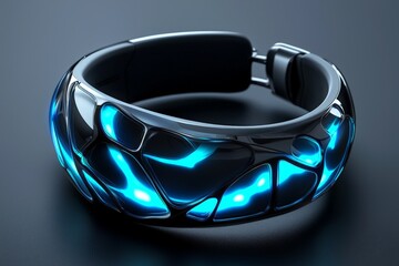 Aufkleber - Futuristic bangle with intricate design and blue glowing accents rests on dark surface