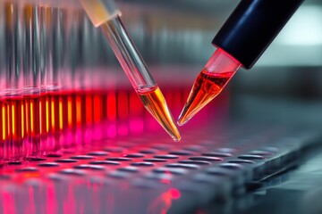 Poster - In a lab setting, two pipettes are used to dispense and analyze red liquids into test tubes