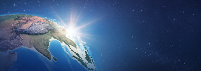 Wall Mural - sunrise on detailed satellite cartography of earth globe, south east asia, deep space banner - eleme