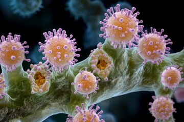 Poster - Microscopic view shows several coronavirus virions budding from a host cell, illustrating viral infection and spread