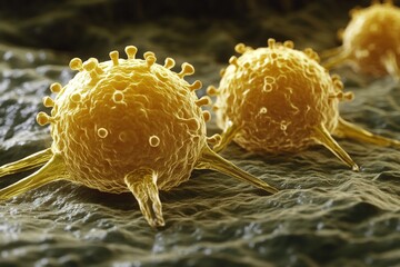 Poster - Microscopic view depicts multiple round, yellow cells with spikes on a textured surface