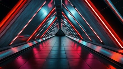 Poster - Triangular Corridor: A futuristic, symmetrical corridor with a triangular design, illuminated by vibrant red and blue neon lights, creates a sense of depth and advanced design.