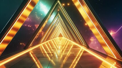 Poster - Illuminated Triangle Tunnel: A mesmerizing 3D rendering of an abstract tunnel composed of interlocking triangles, brightly lit with glowing neon lights.
