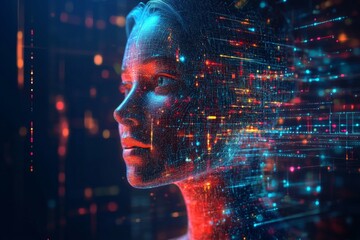 Poster - Digital representation of a woman with flowing data patterns in a futuristic setting