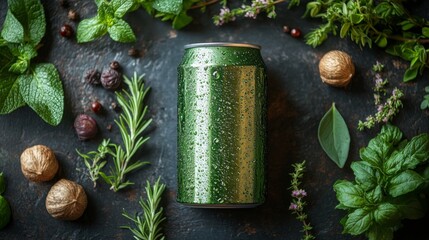 Aufkleber - A green beverage can sits in the center, surrounded by an array of fresh herbs like mint and rosemary, along with walnuts and berries on a dark, textured surface.