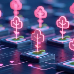 Poster - Neon Plants Growing on Futuristic Tech Circuit Board Abstract Background