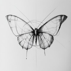 Poster - Butterfly Blueprint: An Intricate Black and White Sketch of a Butterfly with Geometric Guide Lines