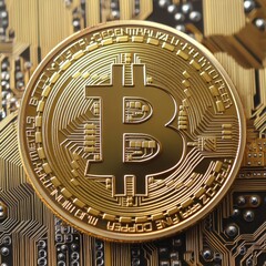 Poster - Golden Bitcoin on Circuit Board: Exploring the Digital Currency Landscape and Technology