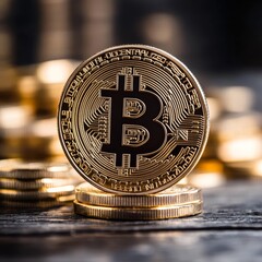 Poster - Golden Bitcoin Cryptocurrency Stack on a Dark Wood Surface, Symbolizing Digital Decentralized Finance