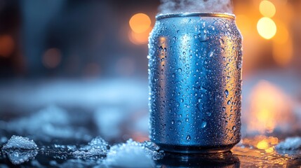 Poster - A chilled beverage can glistens with condensation on a reflective surface. Surrounding ambient light creates a cozy atmosphere, suggesting a leisurely evening.
