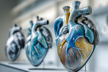 Poster - Intricate heart sculptures displayed in a modern art gallery showcase anatomical beauty and artistic creativity