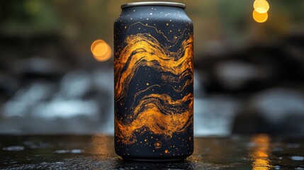 Aufkleber - A stylish black can featuring an intricate golden swirl design stands prominently on a damp surface by a waterfall. Soft ambient light enhances the natural beauty during sunset.