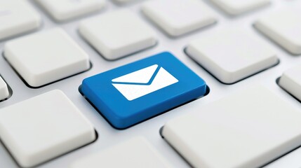 Poster - Blue Email Icon on White Computer Keyboard Close Up Shot Digital Communication Technology