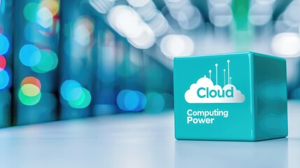 Poster - Teal Cube Displays Cloud Computing Power Symbol on a Defocused Tech Background