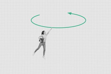 Poster - Contemporary art banner collage of excited businesswoman jump arrow pointer development opportunity hold laptop progress goal