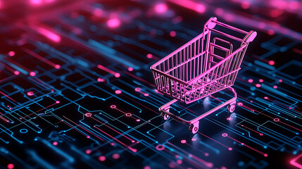 Poster - Digital shopping experience shopping cart on tech-inspired background e-commerce concept futuristic environment