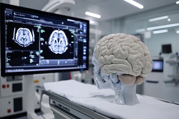 Poster - Medical display of brain imaging alongside a 3D brain model in a clinical setting with advanced technology