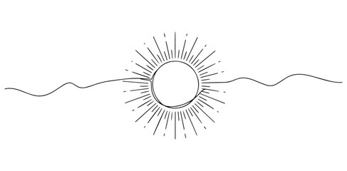 sun illustration with thin radiant rays in elegant one line art