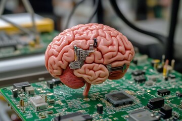 Fototapete - Innovative concept of a human brain combined with technology on a circuit board in a modern laboratory