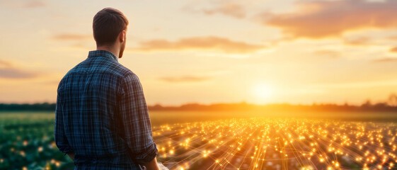 Poster - A farmer surveys a field during sunset, contemplating modern agricultural techniques. The vibrant landscape reflects advanced crop selection methods that ensure sustainability and yield.