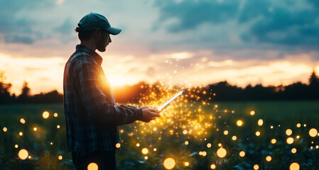 Poster - In a rural field at sunset, a farmer holds a tablet displaying data about crop selection. The sky is a blend of orange and blue, highlighting the integration of technology in agriculture.