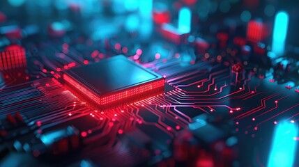 Poster - Close up view of a glowing red blue circuit board with a central processor showcasing technological innovation