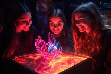 Poster - Girls enjoy vibrant light display at interactive exhibit in modern museum during evening hours
