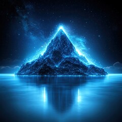 Wall Mural - future electronic circuit concept, glowing pyramid on tranquil water with starry night backdrop.