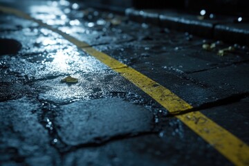 Poster - A close-up shot of a wet sidewalk with a bright yellow line, suitable for use in weather-related or infrastructure-focused content