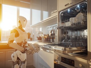 Poster - A robot stands near a modern dishwasher with stainless steel finish