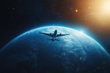 Poster - A plane soars through the cosmos above a distant planet