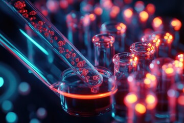 Aufkleber - A close-up view of a laboratory setup featuring several test tubes with red lights, ideal for scientific or educational purposes