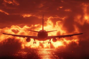Poster - A commercial airliner soaring above a blanket of clouds, with the sun shining through the gaps