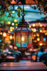 Aufkleber - A colorful lantern hangs from a tree branch above a table, providing warm light