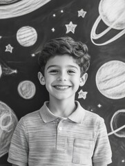 Poster - A young boy stands in front of a chalkboard, ready for a lesson or presentation