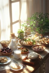 Aufkleber - A wooden table set with plates of various foods