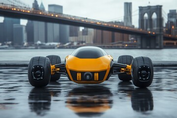 Aufkleber - Unique bright yellow futuristic vehicle on wet pavement with city skyline and iconic bridge in the background during early morning