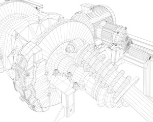 Poster - A drawing of a machine with a lot of gears and a lot of lines. The drawing is in black and white and is very detailed. The idea of the drawing is to show the inner workings of a machine