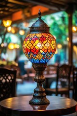 Poster - Colorful lamp on wooden table