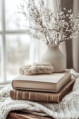 Poster - A stack of books sitting on a wooden table, ideal for use in educational or office settings