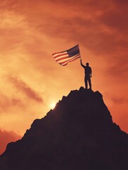 Poster - A person holds the American flag at the summit of a mountain, suitable for patriotic or outdoor-themed images