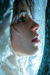 Poster - A woman's face captured in a rainy day, with water droplets on her skin and hair