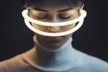 Aufkleber - Woman with glowing light rings around her face in a dark space showcases modern artistic expression