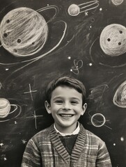 Poster - A young boy stands in front of a chalkboard, ready to learn or create