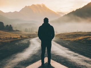 Poster - A person standing on a rural road with mountains visible in the distance