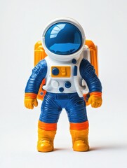 Poster - A toy astronaut wearing a blue and orange space suit, great for illustration of childhood imagination or space exploration themes