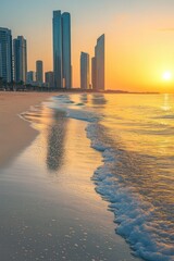 Poster - A beach scene with a city skyline visible in the background as the sun sets