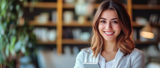 Poster - A woman holding a cell phone in her hands, a common everyday scene