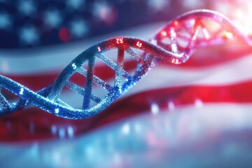 Aufkleber - Close-up of double-strand DNA molecule against the backdrop of an American flag, great for science and patriotism-themed visuals