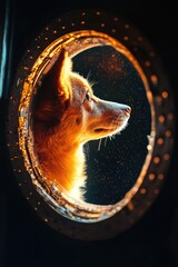 Poster - A curious dog peeking through a circular opening, possibly in a building or a vehicle